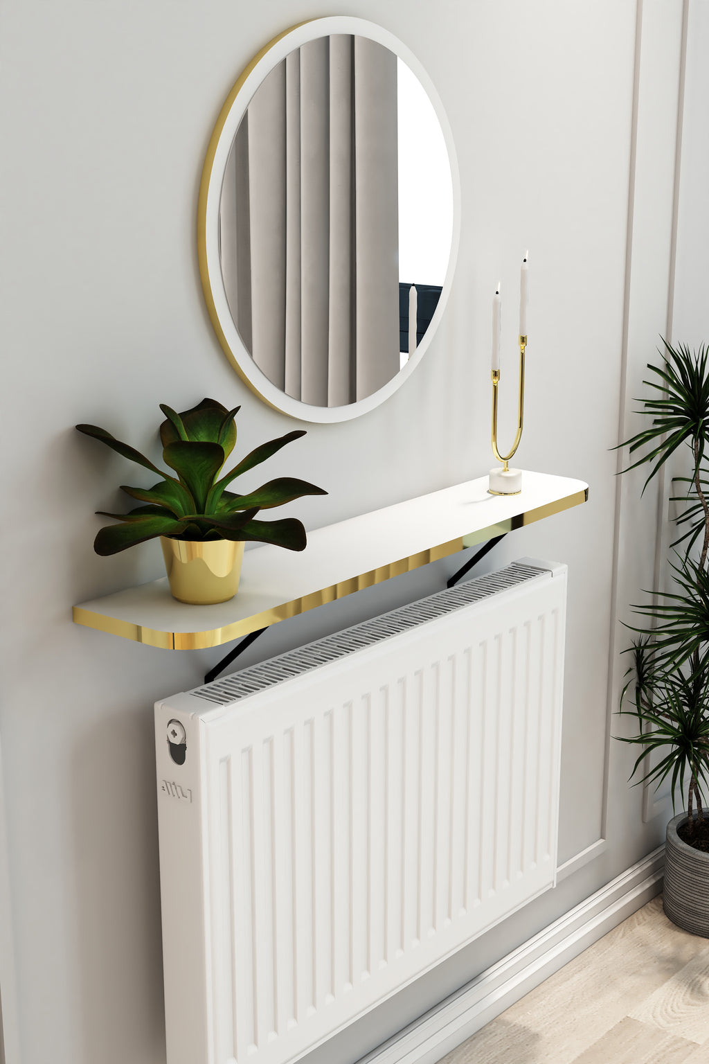 Petek Üstü Duvar Montajsız Oval Kenar Beyaz-Gold Raf Siyah Ayak