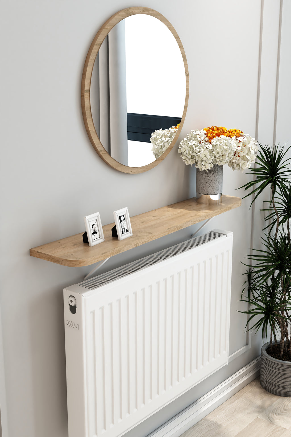 Petek Üstü Duvar Montajsız Oval Kenar Meşe Raf Beyaz Ayak