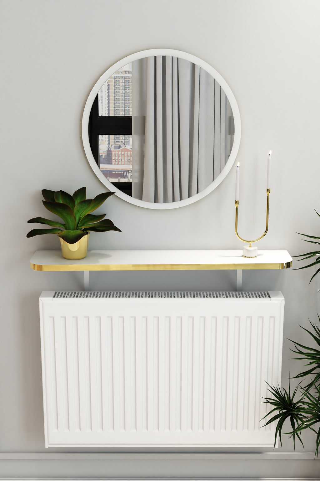 Petek Üstü Duvar Montajsız Oval Kenar Beyaz-Gold Raf Beyaz Ayak