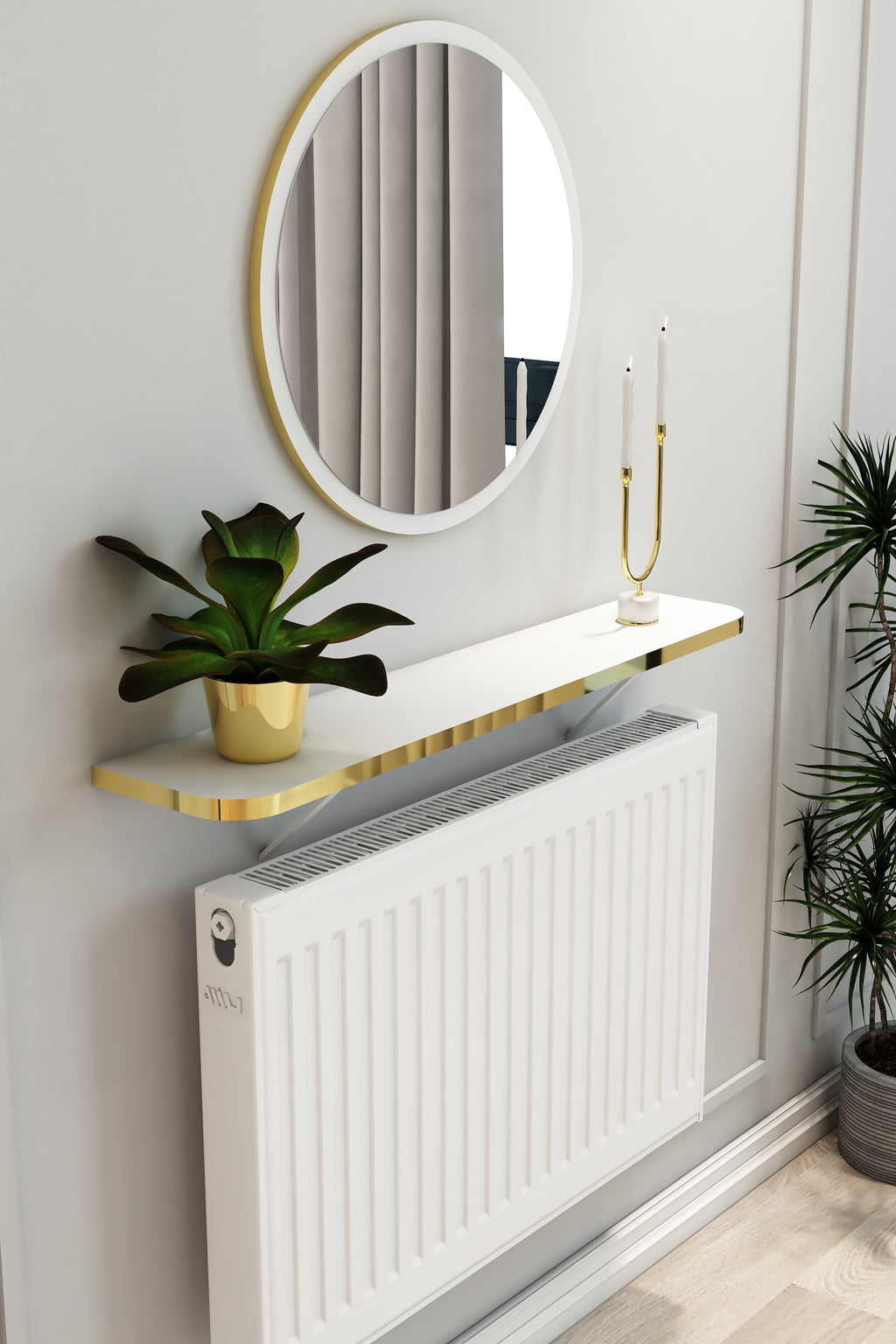 Petek Üstü Duvar Montajsız Oval Kenar Beyaz-Gold Raf Beyaz Ayak