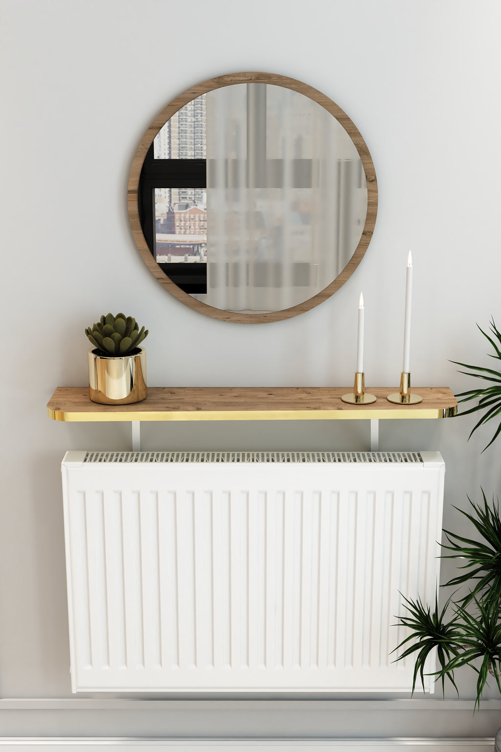 Petek Üstü Duvar Montajsız Oval Kenar Atlantik Çam-Gold Raf Beyaz Ayak