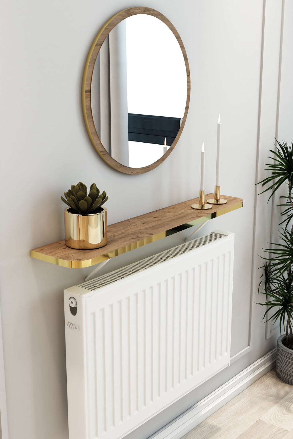 Petek Üstü Duvar Montajsız Oval Kenar Atlantik Çam-Gold Raf Beyaz Ayak