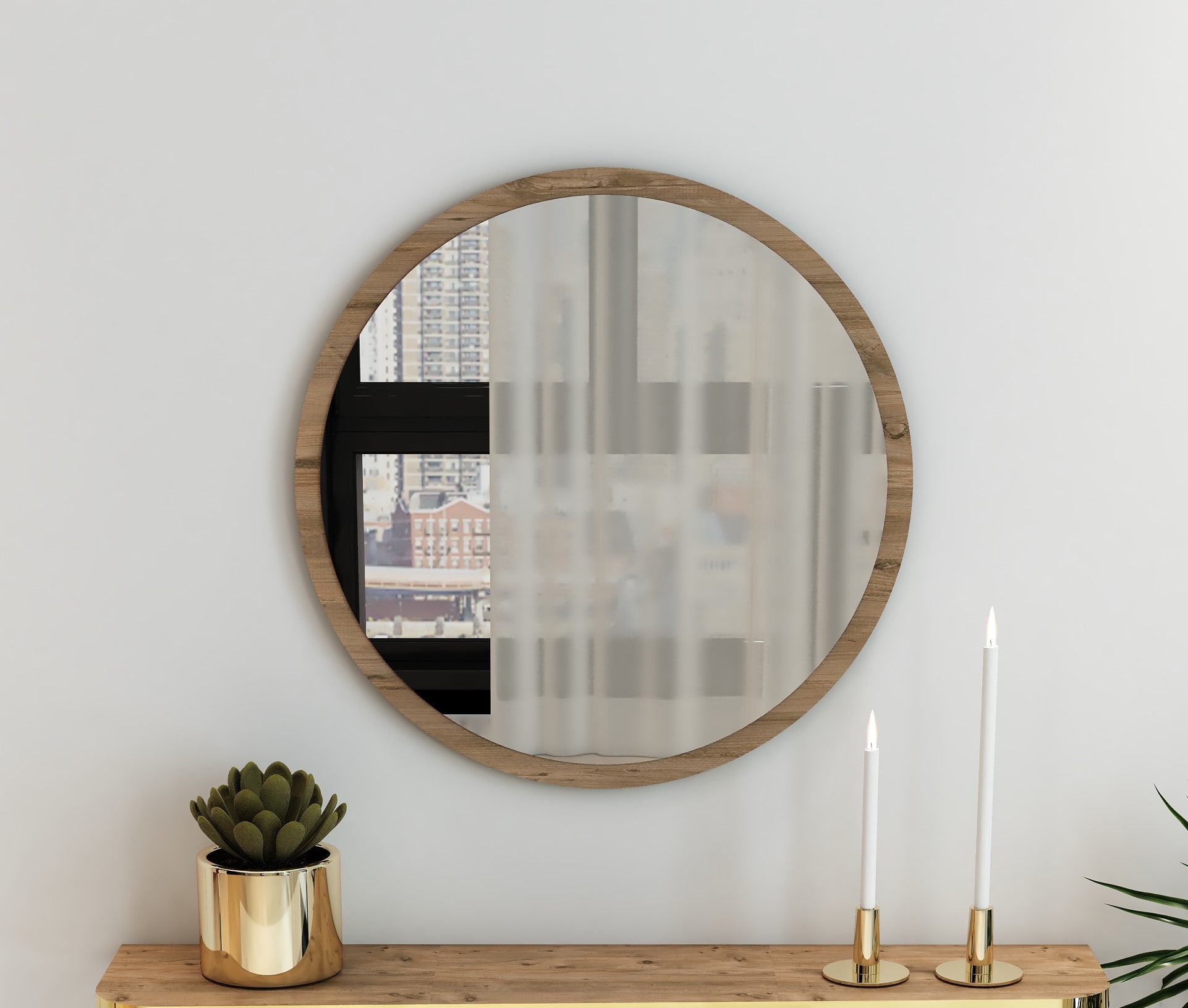 Yuvarlak Dekoratif Ayna Atlantik Çam Gold