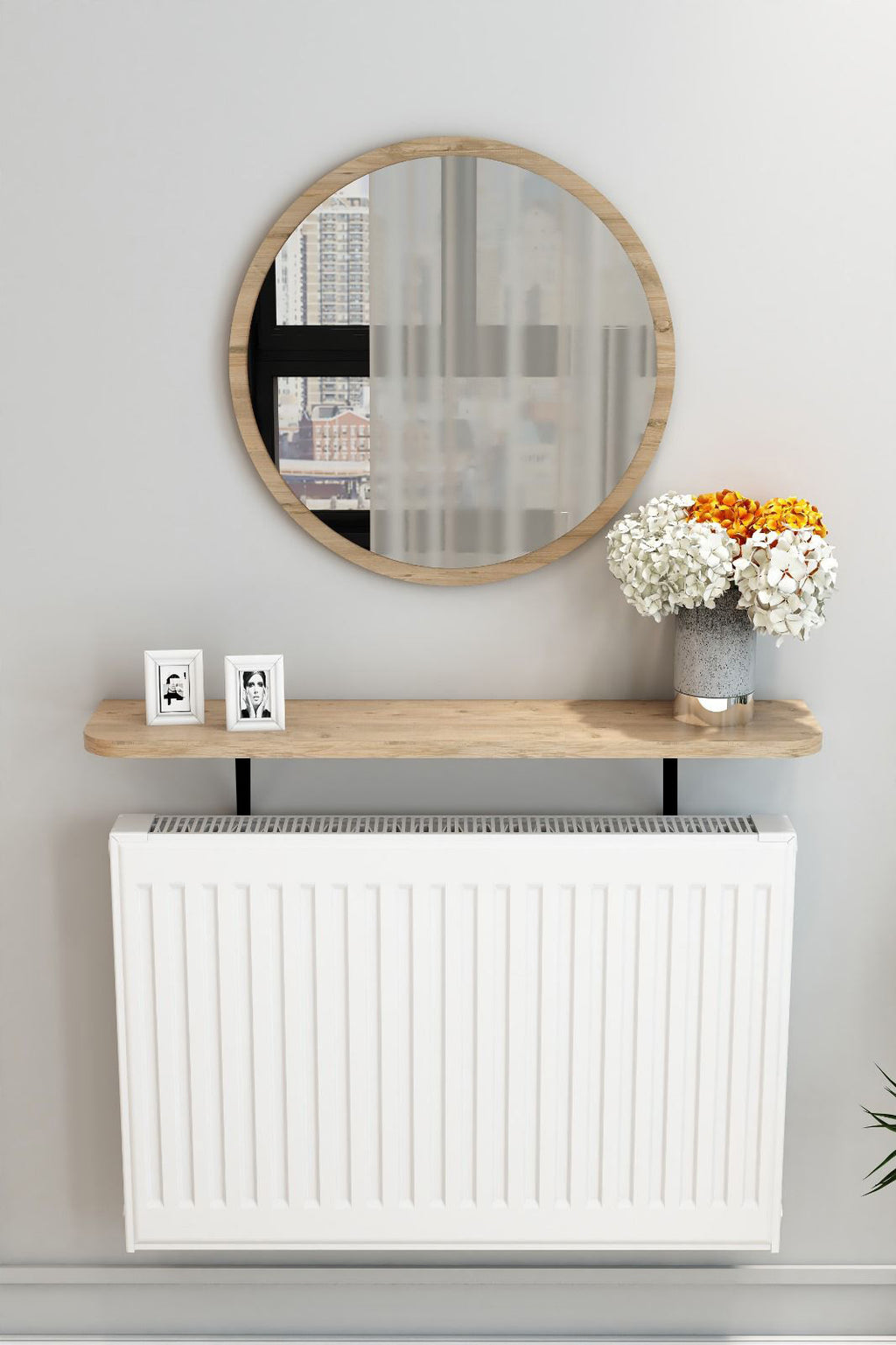 Petek Üstü Duvar Montajsız Oval Kenar Meşe Raf Siyah Ayak