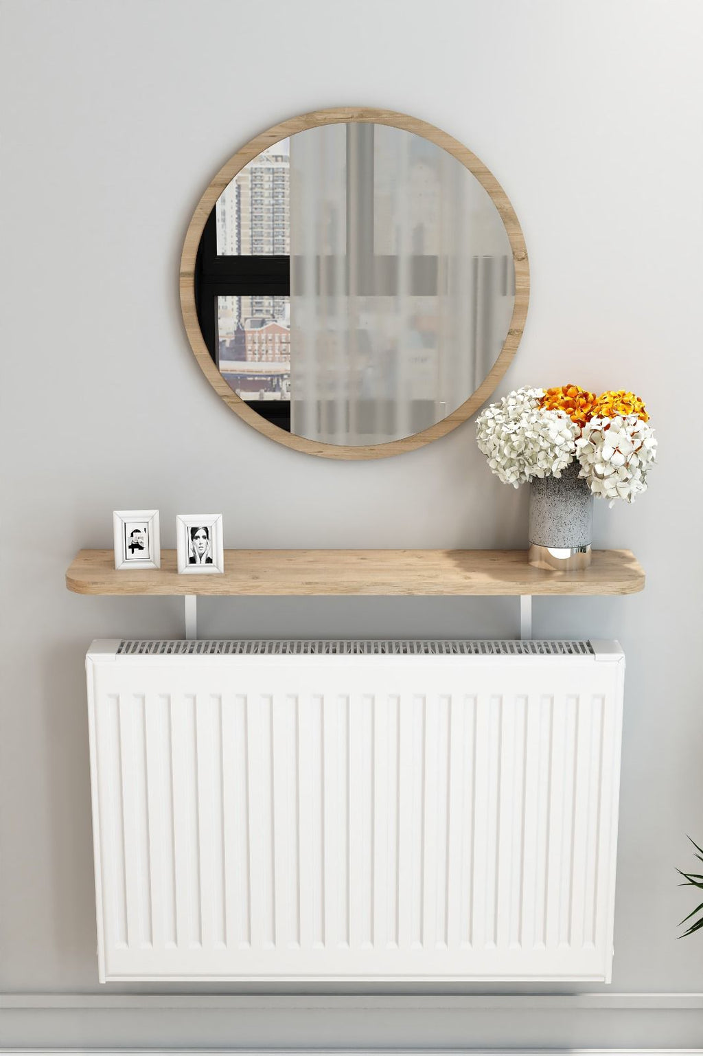 Petek Üstü Duvar Montajsız Oval Kenar Meşe Raf Beyaz Ayak