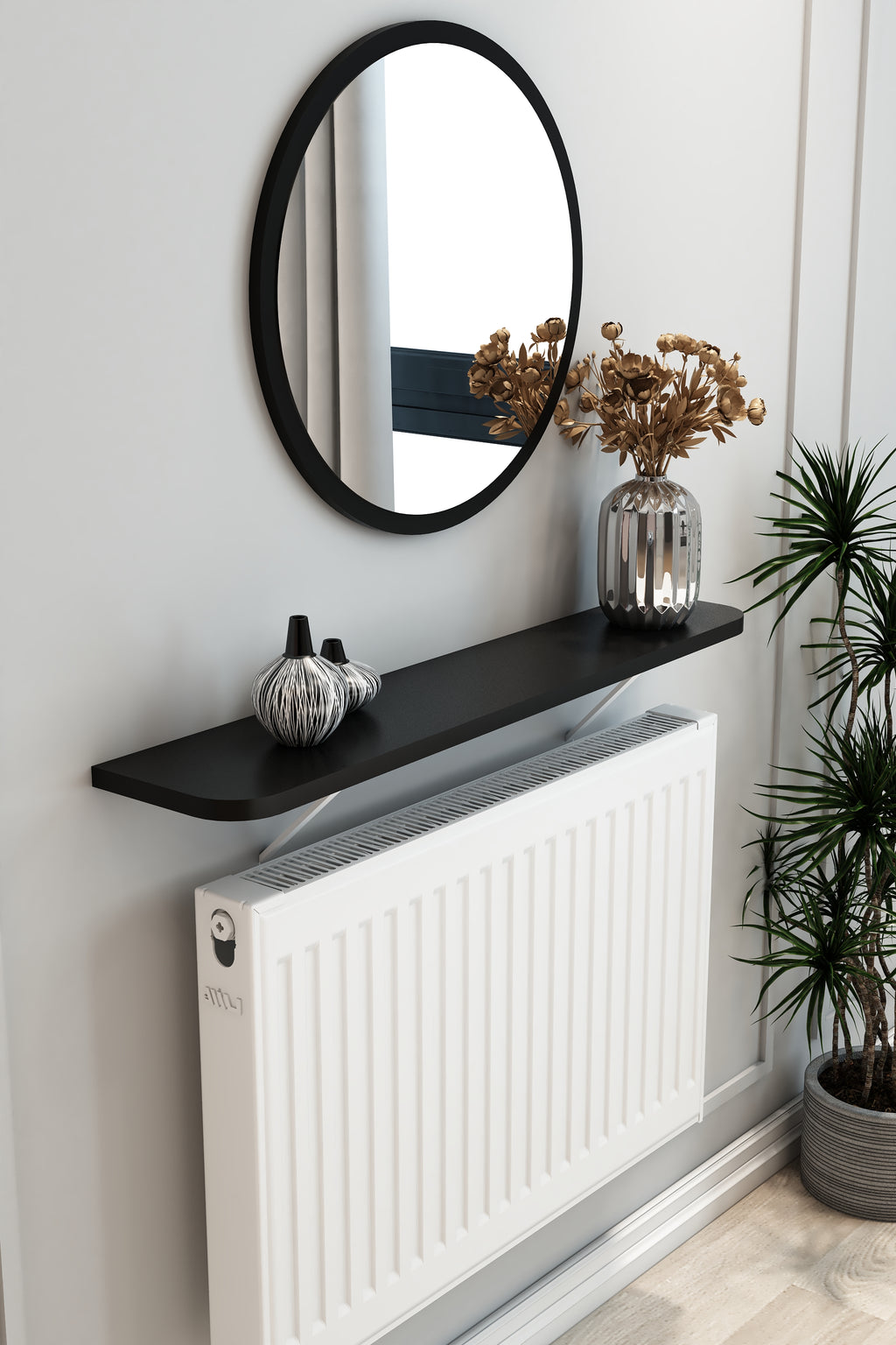 Petek Üstü Duvar Montajsız Oval Kenar Siyah Raf Beyaz