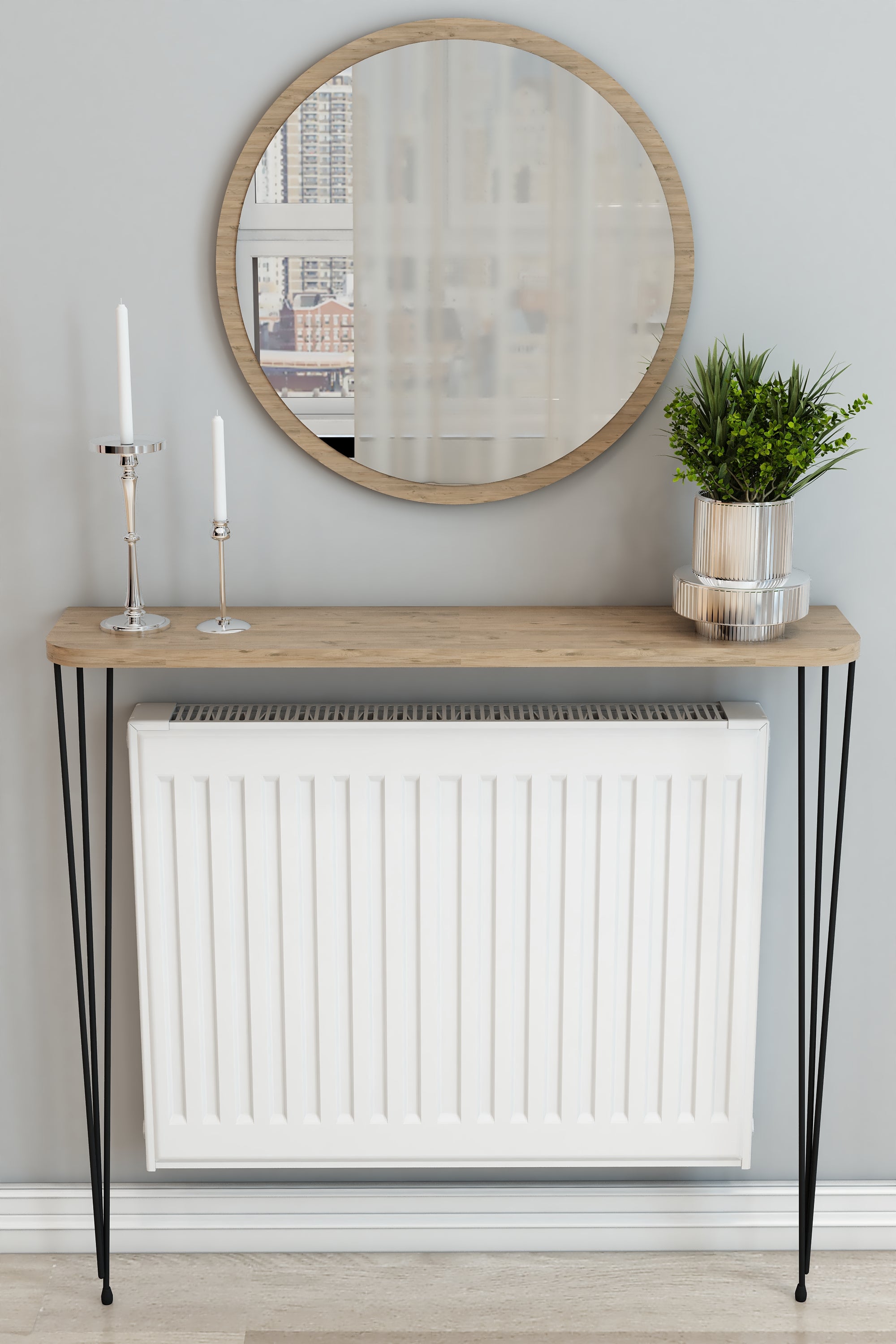 Petek Üstü Ayaklı Oval Kenar Meşe Raf Siyah Ayak