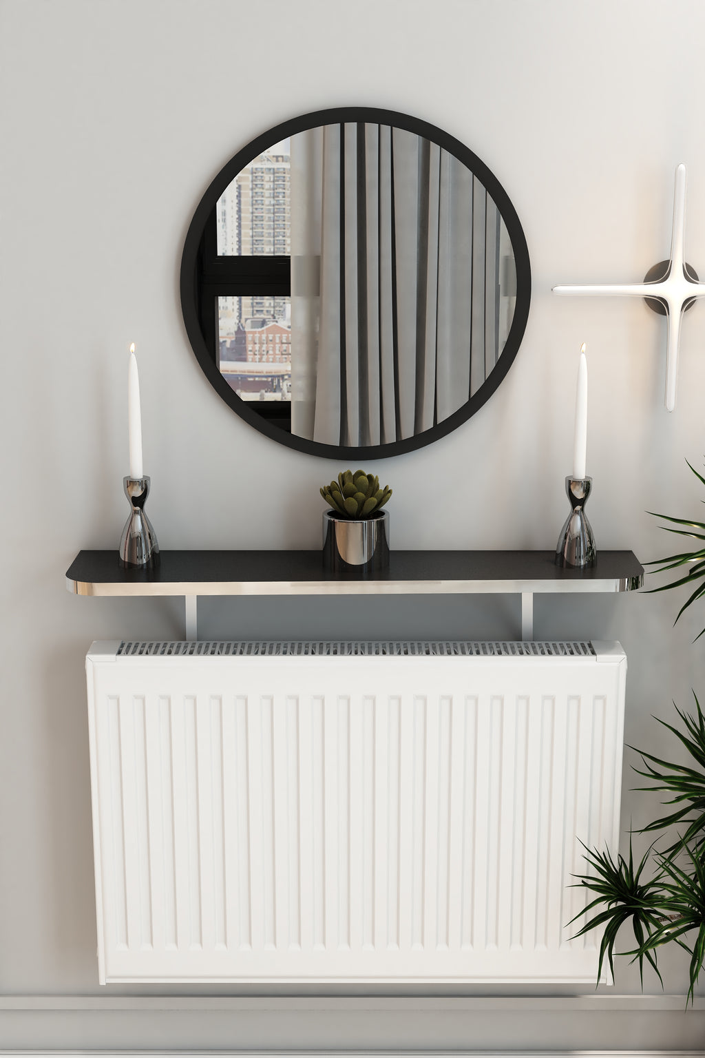 Petek Üstü Duvar Montajsız Oval Kenar Siyah-Gümüş Raf Beyaz Ayak