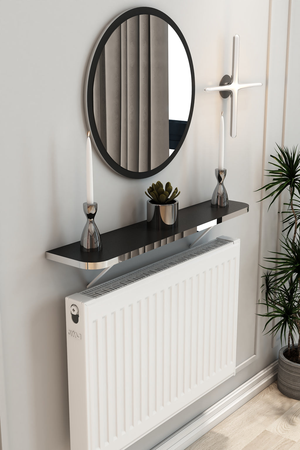 Petek Üstü Duvar Montajsız Oval Kenar Siyah-Gümüş Raf Beyaz Ayak