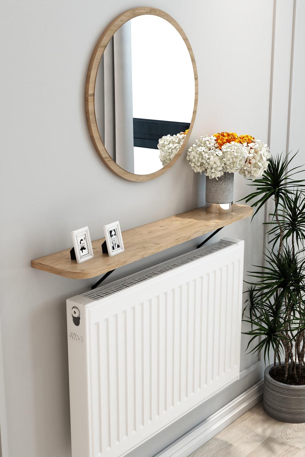 Petek Üstü Duvar Montajsız Oval Kenar Meşe Raf Siyah Ayak