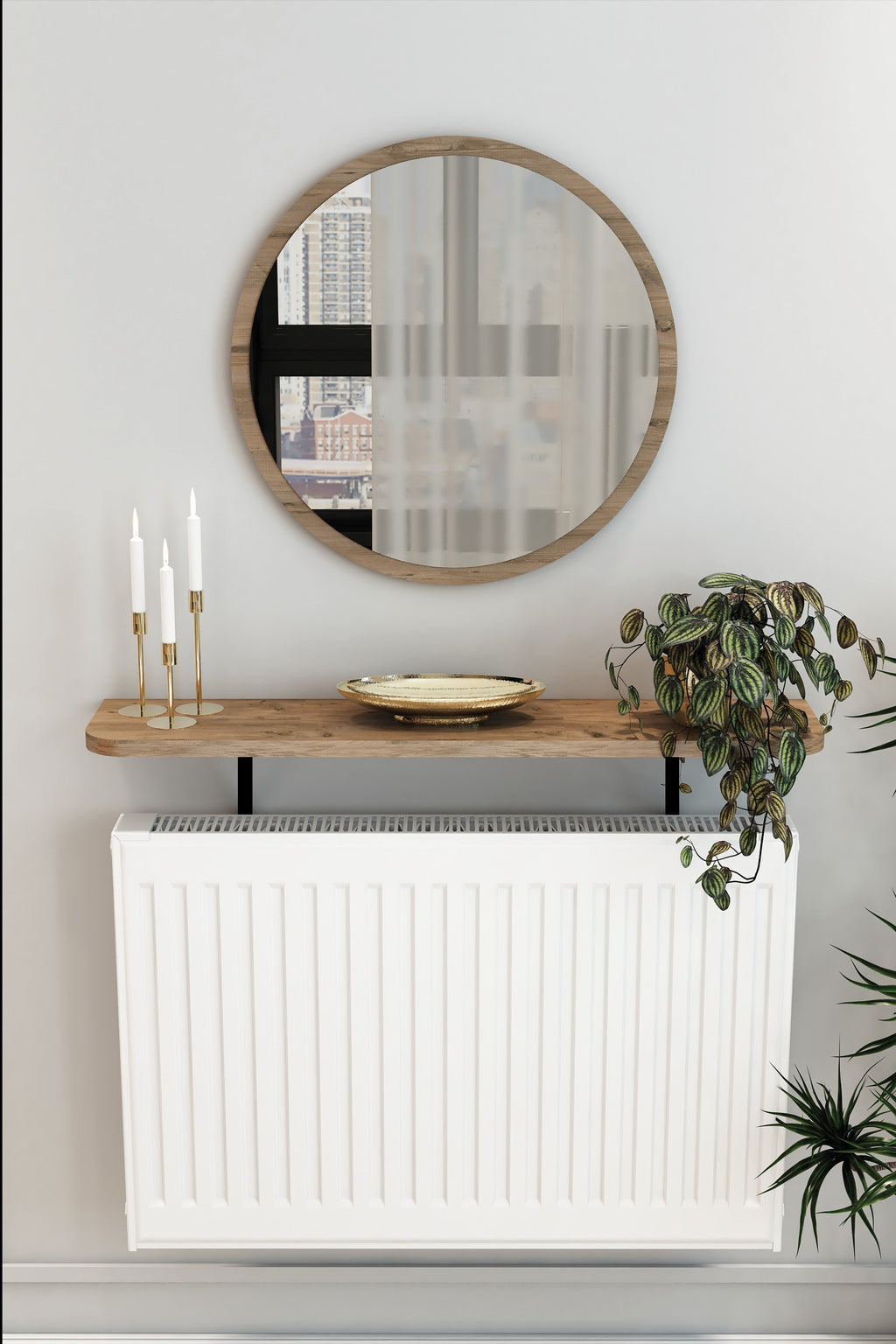 Petek Üstü Duvar Montajsız Oval Kenar Atlantik Çam Raf Siyah Ayak